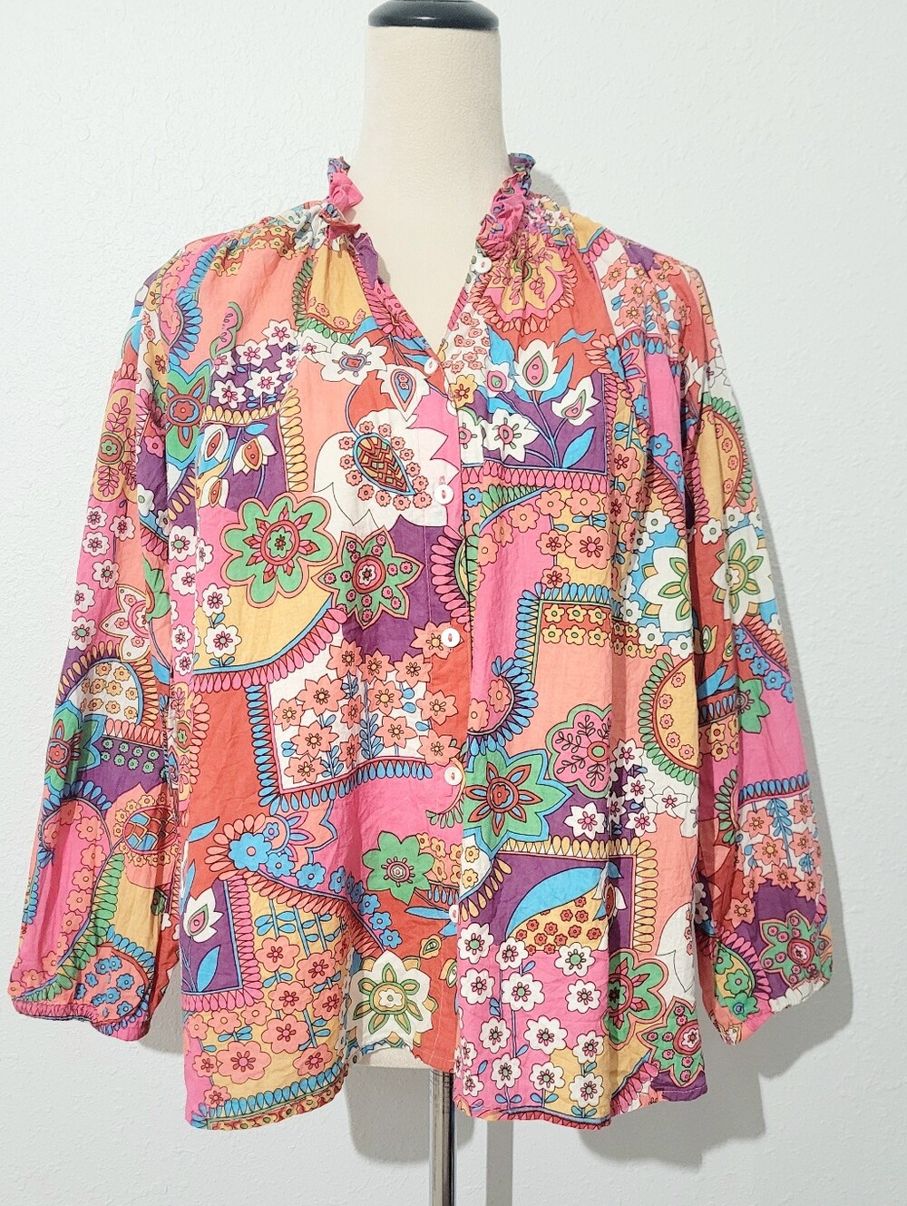Mille Resort & Travel 100% Cotton Floral Boho Oversized Blouse Top Size Small - Picture 2 of 11